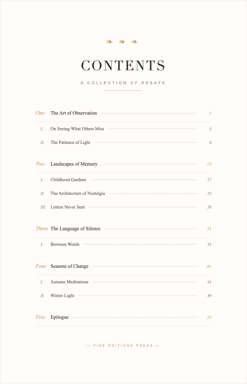 Elegant sophisticated table of contents